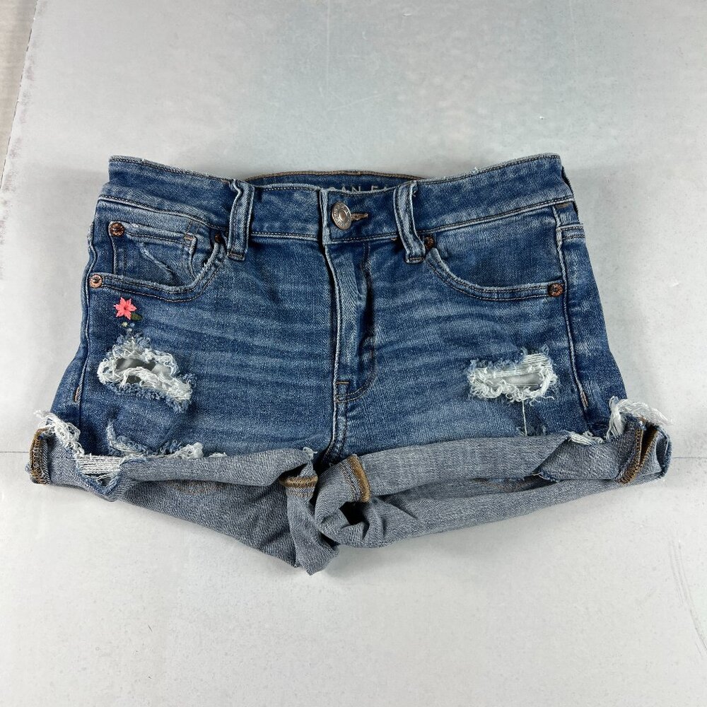 American Eagle Shorts Women's 27* Midi Floral Blue Cuffed Denim Jorts Tag 2